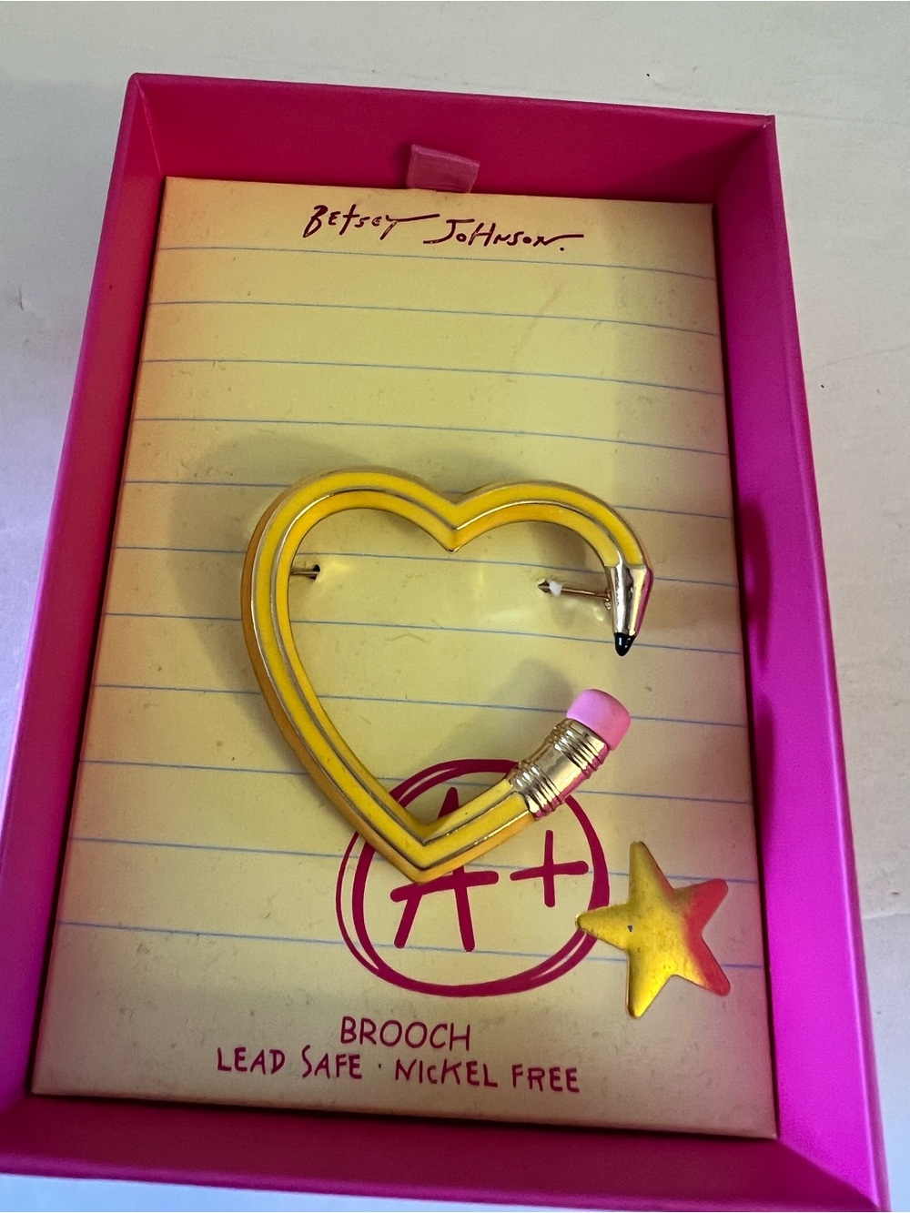 Betsey Johnson Yellow Heart Pencil Pin with Pink Eraser - Picture 11 of 16